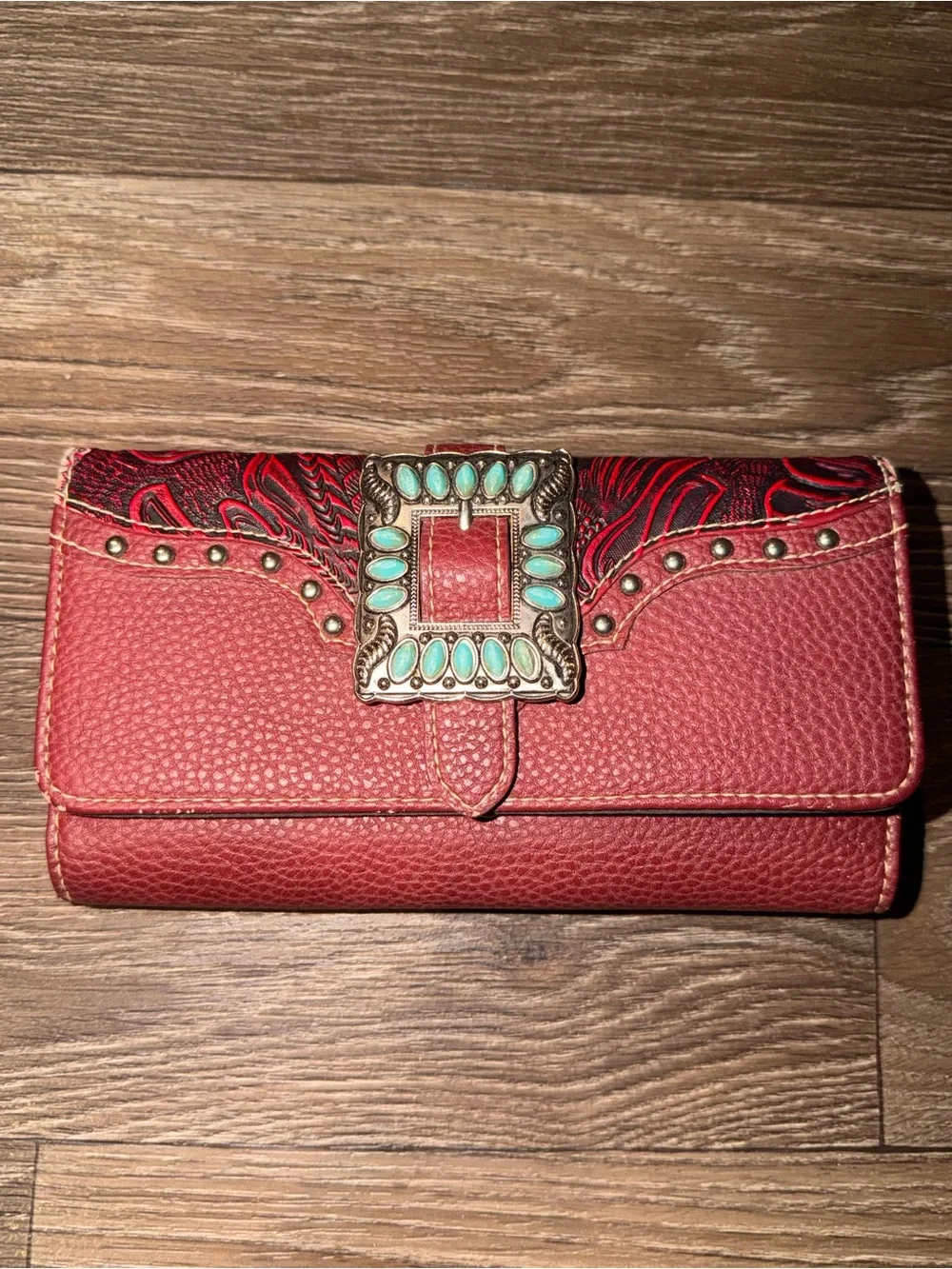 Montana West Trinity Ranch Collection Tooled Red Buckle Wallet